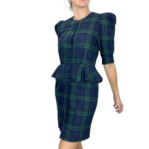 Vintage 80s 90s blue green plaid puff sleeve tailored peplum fitted dress